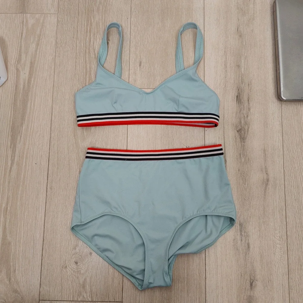 Solid &‎ Striped Womens Bikini Large Blue High Waisted Striped Trim Sporty Retro